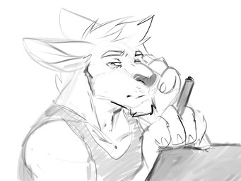 anthro clothed clothing hair holding_object holding_pen looking_at_viewer male male_anthro mouth_closed narrowed_eyes pen short_hair simple_background solo topwear solaxe_(artist) solaxe kangaroo macropod mammal marsupial 4:3 hi_res monochrome