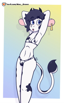 animal_print animal_print_bikini anthro belly bikini clothed clothing cow_print cow_print_bikini femboy hands_behind_head horn male open_mouth pattern_bikini pattern_clothing pattern_swimwear simple_background solo spots standing swimwear two-piece_swimsuit max_draws ko-fi oreo_(max_draws) bovid bovine cattle mammal cel_shading hi_res shaded