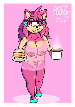 anthro big_breasts breasts clothing coffee_mug curvy_figure ear_piercing female food fur jewelry lingerie mature_female nipples pancake piercing pink_body pink_fur solo translucent translucent_clothing xxtheoneguyxx sega sonic_the_hedgehog_(series) amy_rose eulipotyphlan hedgehog mammal absurd_res digital_drawing_(artwork) digital_media_(artwork) hi_res