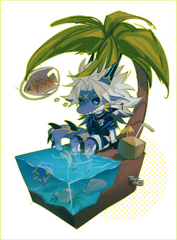ambiguous_gender anthro blue_eyes bone coconut cross drupe_(fruit) food fruit horn male palm_tree partially_submerged plant simple_background sitting skeleton solo tree water white_background ttthuxili ausen aquatic fish hi_res
