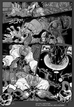 4_toes 5_fingers anal anal_penetration anthro arm_grab balls big_balls big_penis bodily_fluids bone bottomwear bulge butt clothed clothing crawling crawling_away cum cum_in_ass cum_inside dripping duo feet fingers fishnet_clothing fishnet_topwear foot_wraps forced forced_anal genital_fluids genitals hair hair_over_eyes huge_balls huge_penis leaking_precum male male/male messy_hair muscular muscular_male partially_clothed partially_clothed_anthro partially_clothed_male pawpads penetration penile penile_penetration penis pinned_arms pinned_by_hand precum precum_drip precum_through_bottomwear precum_through_clothing shorts skull skull_head spots suspender tall_male toes topwear torn_bottomwear torn_clothing torn_shorts wet wet_clothing wraps nsfuwu4 hyena mammal monster 2025 absurd_res black_and_white comic hi_res monochrome