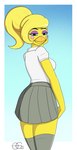 anthro beak blue_eyes bottomwear butt butt_pose clothing female hair looking_at_viewer looking_back ponytail pose school_uniform skirt solo uniform yellow_body octavariumguy five_nights_at_freddy's five_nights_at_freddy's_2 scottgames yandere_simulator toy_chica_(fnaf) toy_chica_(yandere_simulator) avian bird chicken galliform gallus_(genus) phasianid