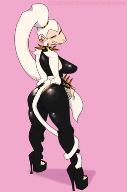 anthro big_breasts black_clothing boots breasts clothing ear_piercing ear_ring eyelashes female footwear fur hair high_heeled_boots high_heels looking_back piercing pink_background pointy_breasts ponytail ring_piercing shoes simple_background smile solo spikes tail unzipped unzipped_pants white_body white_fur zipper theeyomi haplorhine mammal monkey primate