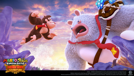 3_toes 5_fingers anthro armor banana banana_peel black_eyes blue_eyes brown_body brown_fur cloud cloudy_sky duo feet fingers food fruit fur ice jumping larger_anthro larger_male light long_ears male male_anthro midair mitten_hands mostly_nude mostly_nude_anthro mostly_nude_male multicolored_body muscular muscular_anthro muscular_male necktie necktie_only no_eyebrows noseless open_mouth outside pauldron plant red_necktie size_difference sky smaller_anthro smaller_male smile smiling_at_another sun sunset tan_body tan_eyelids tan_inner_ear tan_skin text toes toothy_smile torn_necktie two_tone_body water white_body white_fur perrine_lozinguez donkey_kong_(series) mario_bros mario_plus_rabbids_kingdom_battle nintendo raving_rabbids rayman_(series) ubisoft donkey_kong_(character) rabbid_kong hybrid kong lagomorph mammal primate rabbid 2018 3d_(artwork) adobe_photoshop_(artwork) autodesk_maya_(artwork) colored crossover digital_media_(artwork) english_description english_text hi_res lighting official_art shaded