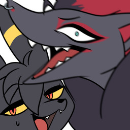 anthro black_body black_fur black_hair black_nose blurred_character blurred_foreground bodily_fluids cute_fangs duo facial_piercing fangs female fur grey_body grey_fur hair male markings multicolored_body multicolored_fur multicolored_hair neck_tuft nose_piercing nose_ring open_mouth open_smile piercing red_body red_fur red_hair red_inner_ear ring_(marking) ring_piercing simple_background smile sweat teal_eyes teeth tuft white_background yellow_body yellow_fur yellow_sclera odeko-yma nintendo pokemon lucky_(odeko-yma) nova_(odeko-yma) eeveelution generation_2_pokemon generation_5_pokemon pokemon_(species) umbreon zoroark 1:1 2025 absurd_res hi_res