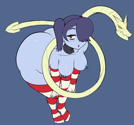 armwear bedroom_eyes bent_over big_breasts big_butt blue_body blue_hair blue_nipples blue_skin blush blush_lines breasts butt clothing detached_sleeves duo female grey_background hair hair_over_eye hands_on_legs high-angle_view huge_butt huge_hips legwear looking_at_viewer narrowed_eyes neckwear nipples open_mouth pattern_armwear pattern_clothing pattern_legwear pattern_thigh_highs ponytail pose red_eyes seductive side_ponytail simple_background solo_focus striped_armwear striped_clothing striped_legwear striped_thigh_highs stripes thick_thighs thigh_highs wide_hips fibilis third-party_edit terranort_terumi_(colorist) european_mythology mythology skullgirls leviathan_(skullgirls) squigly dragon human humanoid mammal mythological_creature mythological_scalie parasite_(skullgirls) scalie undead wyrm_(dragon) zombie 2020 absurd_res color_edit colored digital_drawing_(artwork) digital_media_(artwork) full-length_portrait hi_res portrait