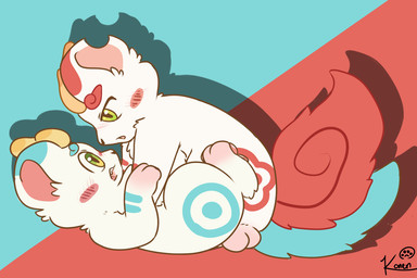 blue_markings blush blush_lines duo feral fluffy fluffy_tail green_eyes horn imminent_kiss male male/male markings red_markings round_ears seductive shadow tail konen fabulous_beasts mythology bixie_(fabulous_beasts) tianlu_(fabulous_beasts) mythological_creature pixiu 3:2 signature brother_(lore) brothers_(lore) sibling_(lore)