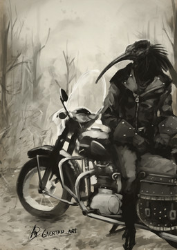 anthro beak biker biker_jacket clothing feathers jacket leather leather_clothing leather_jacket leather_topwear looking_at_side motorcycle solo topwear vehicle gaertan avian bird ibis pelecaniform threskiornithid digital_drawing_(artwork) digital_media_(artwork) digital_painting_(artwork) hi_res painting_(artwork)
