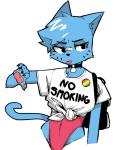 2019 4:5 5_fingers anthro bandage bandage_on_face bandage_on_nose blep blue_body blue_fur blue_hair cartoon_network choker clothed clothing decorative_pin domestic_cat english_text felid feline felis female fingers front_view fullmetaljack fur gesture hair hand_gesture jewelry leotard looking_away mammal necklace nicole_watterson pawpads shirt simple_background solo text text_on_clothing text_on_shirt text_on_topwear the_amazing_world_of_gumball thumbs_down tied_shirt tight_clothing tongue tongue_out topwear white_background