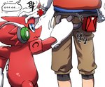 anthro bottomwear butt butt_grab clothing duo electronics gloves hand_on_butt handwear headphones male male/male red_body shorts yagi_etcrkgk bandai_namco digimon digimon_xros_wars taiki_kudou digimon_(species) human mammal shoutmon hi_res