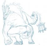 anthro butt clothed clothing crouching holding_object holding_weapon hooves male melee_weapon muscular muscular_anthro muscular_male solo thong topless underwear weapon custapple dota valve barathrum_the_spirit_breaker bovid bovine cattle mammal sketch