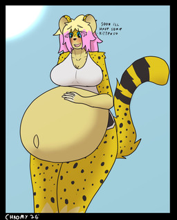 anthro beach big_breasts black_border black_spots blonde_hair blue_eyes blush border bottomwear breasts clothing countershade_torso countershading dialogue dolphin_shorts female fur hair highlights_(coloring) navel open_mouth outside pink_highlights pregnant shirt shorts solo spots standing sun tail tank_top teeth text tongue topwear yellow_body yellow_fur chromer_exe emilly_(chromer_exe) cheetah felid feline mammal 2026 hi_res portrait signature three-quarter_portrait