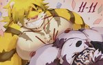 anthro duo food male male/male muscular muscular_male nipples pecs pecs_touching heckded lifewonders pocky pocky_and_pretz_day tokyo_afterschool_summoners horkeu_kamui_(tas) macan_(tas) canid canine canis felid mammal pantherine tiger wolf