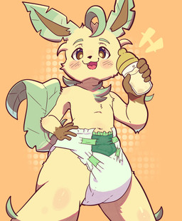 5_fingers ambiguous_gender anthro anthrofied baby_bottle blush blush_lines blush_stickers bottle brown_inner_ear brown_nose clean_diaper clothed clothing container diaper diaper_only dipstick_ears ear_markings fingers front_view fur gloves green_body green_ear_tips green_fur green_tail handwear holding_bottle holding_container holding_object leaf leaf_hair leaf_tail low-angle_view multicolored_body multicolored_ears multicolored_fur navel notched_ear open_mouth open_smile orange_background plant plant_hair pseudo_hair simple_background smile snaggle_tooth solo sparkles sparkling_eyes tail topless wearing_diaper yellow_body yellow_fur coopitchu nintendo pokemon eeveelution generation_4_pokemon leafeon pokemon_(species) hi_res portrait three-quarter_portrait
