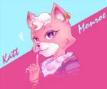 anthro black_nose clothing eyeshadow female fur hair makeup pink_body pink_fur purple_eyes smile solo text white_hair s_mino930 nintendo star_fox katt_monroe felid mammal 2016 english_text