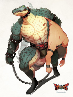 5_fingers abs anthro anthro_focus areola armband armlet belt biceps big_muscles biped black_bottomwear black_clothing black_footwear bottomwear bracelet brown_hair bulge carrying_another chain clothed clothing collar countershade_face countershade_tail countershade_torso countershading detailed_scales duo fingers footwear front_view green_body green_eyes green_scales green_tail hair human_on_anthro humanoid_hands interspecies jewelry larger_male looking_at_viewer male multicolored_body multicolored_scales muscular muscular_male nipples no_sclera pecs pupils quads scales shoes short_hair size_difference slave slit_pupils smaller_male spiked_armband spiked_bracelet spiked_collar spikes tail tan_body tan_skin teeth topless two_tone_body two_tone_scales unconscious walking yellow_body yellow_countershading yellow_scales yellow_tail kurokawasudou crocodile crocodilian human mammal reptile scalie 3:4 cel_shading detailed digital_media_(artwork) shaded watermark