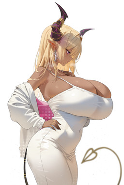 2_horns big_breasts biped blonde_hair breasts clothed clothing dress ear_piercing eyelashes female glistening glistening_body hair hand_on_hip horn huge_breasts humanoid_pointy_ears navel navel_outline not_furry piercing pointy_ears pose pupils simple_background solo spade_tail tail thick_thighs tight_clothing white_clothing anima_(artist) demon horned_humanoid humanoid succubus colored digital_drawing_(artwork) digital_media_(artwork) hi_res portrait shaded three-quarter_portrait