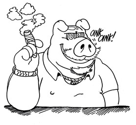 anthro bald chain cigar facial_hair goatee gold_(metal) gold_chain gold_watch male mustache nipple_outline solo billy_fore domestic_pig mammal suid suine sus_(pig) hi_res sketch