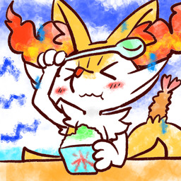 >_< ambiguous_anthro ambiguous_gender anthro biped blush bodily_fluids brain_freeze cjk_character dessert emanata eyes_closed food front_view object_in_tail puffed_cheeks shaved_ice shrimp_(food) snout solo sweat sweatdrop tail annyui0611 nintendo pokemon braixen canid generation_6_pokemon mammal pokemon_(species) 1:1 2022 digital_drawing_(artwork) digital_media_(artwork) hi_res japanese_description translated_description