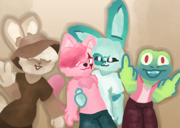 anthro blue_body blue_fur clothed clothing feral fur hair looking_at_viewer male open_mouth pink_body pink_fur simple_background smile solo tail tongue topwear white_body white_fur pleskoslez bax_(pleskoslez) fartman_(pleskoslez) plesk_(pleskoslez) robin_(pleskoslez) amphibian domestic_cat felid feline felis frog lagomorph leporid mammal rabbit