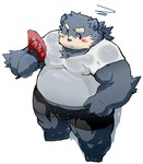 anthro balls_outline belly big_belly blush bodily_fluids bottomwear bulge clothing detailed_bulge genital_outline humanoid_hands kemono male overweight overweight_male shirt shorts solo sweat topwear kisukemk777 bear mammal 2013