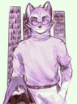 anthro belt black_eyebrows black_nose clothed clothed_anthro clothed_male clothing eyebrows eyewear fully_clothed fully_clothed_anthro fully_clothed_male fur geometric_background glasses hand_in_pocket holding_clothing holding_object looking_at_viewer male male_anthro pockets simple_background smile solo sweater topwear wearing_glasses 666calistaxx_(artist) lackadaisy dominic_drago domestic_cat felid feline felis mammal 2023 3:4 digital_drawing_(artwork) digital_media_(artwork) hi_res monochrome