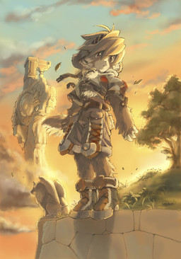 anthro clothed clothing footwear grass hair leaf plant ruins shoes solo sunset tower tree wind fuziwa canid canine canis domestic_dog mammal