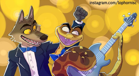 anthro bow_tie brown_body brown_fur clothed clothing duo electric_guitar feral fur guitar happy joyful male male/male musical_instrument open_mouth plucked_string_instrument simple_background string_instrument suit yellow_background yellow_eyes lophornisc dreamworks the_bad_guys mr._snake_(the_bad_guys) mr._wolf_(the_bad_guys) canid canine canis mammal reptile scalie snake wolf 2022