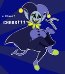 2018 big_breasts black_sclera blue_tongue bottomwear breasts cloak clothed clothed_female clothed_humanoid clothing crossgender darkner deltarune digital_media_(artwork) elfdrago english_text exclamation_point female fool's_hat footwear gloves handwear hat headgear headwear hi_res humanoid humanoid_pointy_ears imp jester jevil_(deltarune) melee_weapon mtf_crossgender not_furry outline polearm purple_bottomwear purple_cloak purple_clothing purple_footwear purple_gloves purple_handwear purple_shirt purple_shoes purple_topwear scythe shirt shoes simple_background solo tail teeth text tongue topwear undertale_(series) weapon white_outline yellow_eyes yellow_teeth