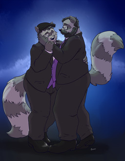 anthro beard belly black_nose bottomwear clothing duo eyewear facial_hair fur glasses grey_body grey_fur hat headgear headwear hug humanoid_hands male male/male mustache overweight overweight_male pants shirt topwear bravo mammal procyonid raccoon 2015