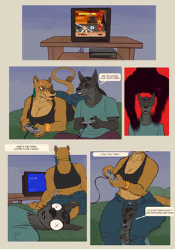 anthro big_breasts big_butt black_body black_clothing black_fur black_shirt black_tank_top black_topwear breasts butt clothed clothing dialogue duo ear_piercing female fur gaming lying male male/female piercing shirt sitting tail tank_top text topwear yaramoshi_satoshi shiro_(yaramoshi_satoshi) felid lion mammal pantherine absurd_res comic english_text hi_res