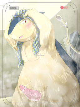 anthro balls blue_body blue_fur blush brown_body brown_fur camera_view censor_bar fur genitals ineffective_censorship inside looking_at_viewer male open_mouth penis pink_penis recording red_eyes shower solo standing steam towel water wet waffle32547 nintendo pokemon generation_2_pokemon pokemon_(species) typhlosion 2016 3:4 censored