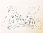 anthro bendy_straw chair clothed clothing container cup drinking_straw duo eating eye_contact female furniture looking_at_another male open_mouth open_smile sitting smile table dogear218 disney zootopia judy_hopps nick_wilde canid canine fox lagomorph leporid mammal rabbit red_fox true_fox 4:3