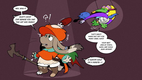 antennae_(anatomy) bat_wings blue_nose boots brown_body brown_fur clothing clown clown_costume clown_makeup dialogue footwear fur jester_outfit juggler membrane_(anatomy) membranous_wings mid_transformation pom_antennae scarf shoes speech_bubble staff striped_body striped_fur stripes text transformation trapeze whiskers white_body white_fur wings trevor-fox final_fantasy square_enix erakir_(character) ivalician_moogle nu_mou 16:9 english_text hi_res widescreen