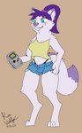 anthro arms_bent biped blue_eyes bottomwear breasts clothed clothing crop_top cutoffs daisy_dukes denim denim_bottomwear denim_clothing electronics female fur fur_tuft game_boy_console game_console hair handheld handheld_console holding_console holding_game_boy holding_object hotpants midriff nintendo_console ponytail purple_body purple_fur purple_hair shirt shorts simple_background smile solo standing thigh_gap topwear tuft white_body white_fur ren_winterfox_(artist) game_boy game_boy_family nintendo ren_winterfox_(character) canid canine fox mammal 2020 absurd_res hi_res