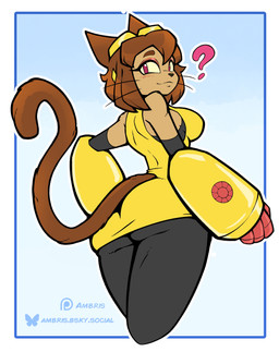 anthro arm_cannon biped blush bottomwear breasts brown_body brown_fur brown_hair brown_tail butt clothed clothed_anthro clothed_female clothing feet female fingers fully_clothed fully_clothed_anthro fully_clothed_female fur hair looking_at_viewer rear_view simple_background solo standing tail teeth toes topwear weapon_arm whiskers ambris gameoverse glitch_productions kit_bodega domestic_cat felid feline felis mammal 2026 absurd_res digital_drawing_(artwork) digital_media_(artwork) hi_res