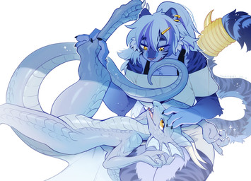 2_horns anthro blue_body blue_fur blue_hair blue_tail clothed clothed_anthro clothed_female clothing duo ear_piercing ear_ring eye_contact female female_anthro fully_clothed fully_clothed_anthro fully_clothed_female fur hair horn looking_at_another membrane_(anatomy) membranous_wings open_mouth open_smile piercing ring_piercing simple_background smile striped_body striped_fur stripes tail white_background white_horn wings yellow_eyes swaybat mythology dragon felid mammal mythological_creature mythological_scalie pantherine scalie tiger 2025 blue_theme digital_drawing_(artwork) digital_media_(artwork) hi_res