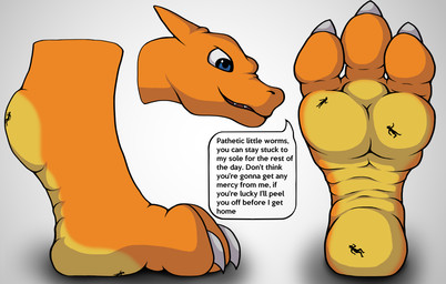 3_toes claws dialogue evil_grin extreme_size_difference feet foot_fetish foot_focus grin hindpaw male orange_body pawpads paws size_difference size_play smile solo speech_bubble squish stomping text toe_claws toes wrinkled_feet wrinkles kiwifizz mythology nintendo pokemon charizard dragon generation_1_pokemon mythological_creature mythological_scalie pokemon_(species) scalie cel_shading english_text hi_res shaded