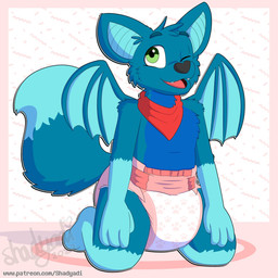 4_fingers ambiguous_gender anthro back_wings black_nose blue_body blue_fur blue_inner_ear blue_tail blue_tail_tip blue_wings clean_diaper clothed clothing diaper dipstick_tail fingers fur gloves_(marking) heart_symbol kerchief kneeling leg_markings markings neckerchief neckwear one_eye_closed open_mouth open_smile pattern_diaper red_kerchief red_neckerchief simple_background smile socks_(marking) solo tail tail_markings teeth text wearing_diaper wings shadyadi jacio_the_wolfbat bat canid canine canis hybrid mammal wolf 1:1 2023 artist_name hi_res signature url
