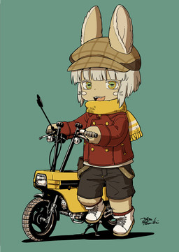 ambiguous_gender anthro biped bottomwear brown_bottomwear brown_clothing brown_hat brown_headwear brown_shorts clothed clothed_ambiguous clothed_anthro clothing flat_cap footwear fully_clothed fully_clothed_ambiguous fully_clothed_anthro furgonomic_hat furgonomic_headwear furgonomics green_body hat headgear headwear horizontal_pupils jacket motorcycle open_mouth open_smile pupils red_clothing red_jacket red_topwear scarf shoes shorts smile solo standing topwear vehicle white_clothing white_footwear white_shoes yellow_scarf youtsumiki honda honda_motocompo made_in_abyss nanachi lagomorph leporid mammal narehate rabbit 2022 hi_res signature