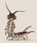 ambiguous_gender antennae_(anatomy) black_sclera fangs hair multi_leg multi_limb pincers pink_eyes pink_pupils pupils red_body red_hair segmented_body solo teeth yellow_body yellow_skin tateoftot arthropod centipede myriapod taur