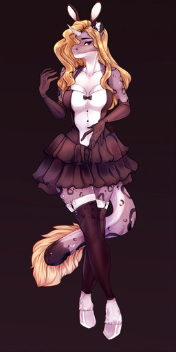 anthro blonde_hair breasts clothed clothing eyebrows eyelashes female hair horn solo standing kristiana_puff felid hybrid leopard mammal pantherine 2019 digital_media_(artwork) hi_res
