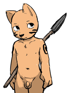 anthro balls black_eyes flaccid genitals looking_up male melee_weapon navel nipples penis polearm serious simple_background solo spear weapon white_background young young_anthro young_male nekotanyanneko domestic_cat felid feline felis mammal 2021 colored hi_res