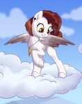 cloud cutie_mark day ear_piercing feathered_wings feathers female feral freckles fur hair hooves jewelry mane necklace orange_eyes piercing red_hair red_mane red_tail sky solo tail white_body white_feathers white_fur wings sirzi hasbro my_little_pony mythology fan_character equid equine mammal mythological_creature mythological_equine pegasus