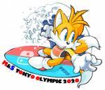 2019 2_tails anthro blue_eyes canid canine child clothing english_text erosuke footwear fox full-length_portrait fur gloves handwear hi_res male mammal mario_and_sonic_at_the_olympic_games miles_prower multi_tail nintendo nintendo_switch portrait sega shirt shoes simple_background solo sonic_the_hedgehog_(series) surf surfboard surfing switch_logo tail text topwear vehicle water watercraft white_background white_body white_fur yellow_body yellow_fur young young_anthro