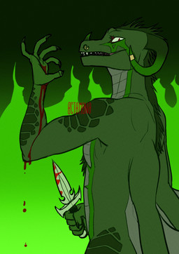 anthro blood bodily_fluids dagger facial_piercing fangs gore green_body green_horn grey_body holding_dagger holding_knife holding_melee_weapon holding_object holding_weapon horn knife male male_anthro melee_weapon nose_piercing nostril_piercing nude open_mouth piercing pupils red_pupils self-harm side_view slit_pupils solo teeth text weapon white_eyes 0ct0m0n0 mythology dragon mythological_creature mythological_scalie scalie artist_name green_theme hi_res