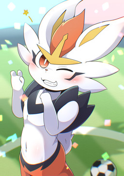 3_fingers ambiguous_anthro ambiguous_gender anthro ball biped black_body black_fur black_markings blurred_background blush blush_lines cheek_tuft facial_markings facial_tuft fingers fur head_markings looking_at_viewer markings navel one_eye_closed orange_body orange_eyes orange_fur orange_nose pointy_ears pseudo_clothing pupils short_tail small_nose smile smiling_at_viewer solo tail teeth tuft white_body white_fur white_pupils white_tail wink winking_at_viewer yellow_body yellow_inner_ear tsukane_yoda nintendo pokemon cinderace generation_8_pokemon lagomorph mammal pokemon_(species) 2026 absurd_res digital_media_(artwork) hi_res