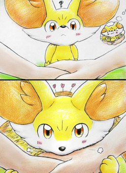 ambiguous_gender blush blush_lines duo eyes_closed feral fur heart_symbol inner_ear_fluff orange_body orange_eyes orange_fur paws question_mark tail tail_motion tailwag thought_bubble tuft white_body white_fur yellow_body yellow_fur eiroru nintendo pokemon canid canine fennekin generation_6_pokemon human mammal pokemon_(species) 2025 comic graphite_(artwork) hi_res traditional_media_(artwork)