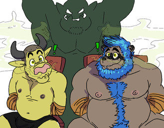 anthro armpit_hair bdsm beard belly_hair black_bottomwear black_clothing black_nose black_underwear blue_hair body_hair bondage bottomwear bound chair chest_hair clothed clothing exclamation_point facial_hair furniture group hair horn humanoid_pointy_ears male mind_control muscular muscular_male musk nipples overweight pecs pink_nose pointy_ears restraints rope rope_bondage smile submissive submissive_male topless transformation tusks underwear anothermeekone bovid bovine canid canine cattle humanoid mammal orc raccoon_dog tanuki 2016 digital_media_(artwork)