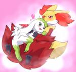 anthro blush duo featureless_crotch feral heart_symbol tongue tongue_out fullfolka nintendo pokemon canid canine delphox generation_4_pokemon generation_6_pokemon legendary_pokemon mammal pokemon_(species) shaymin sky_forme_shaymin